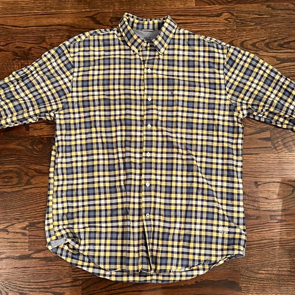 IZOD plaid button down shirt. Yellow blue size large